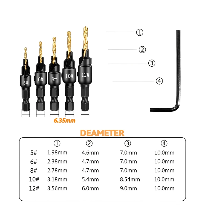 4/5PCS Conical Drill Bit Countersink Drill Woodworking Drilling Pilot Holes HSS Universal Counterbore Cutter Screw Hole Drill