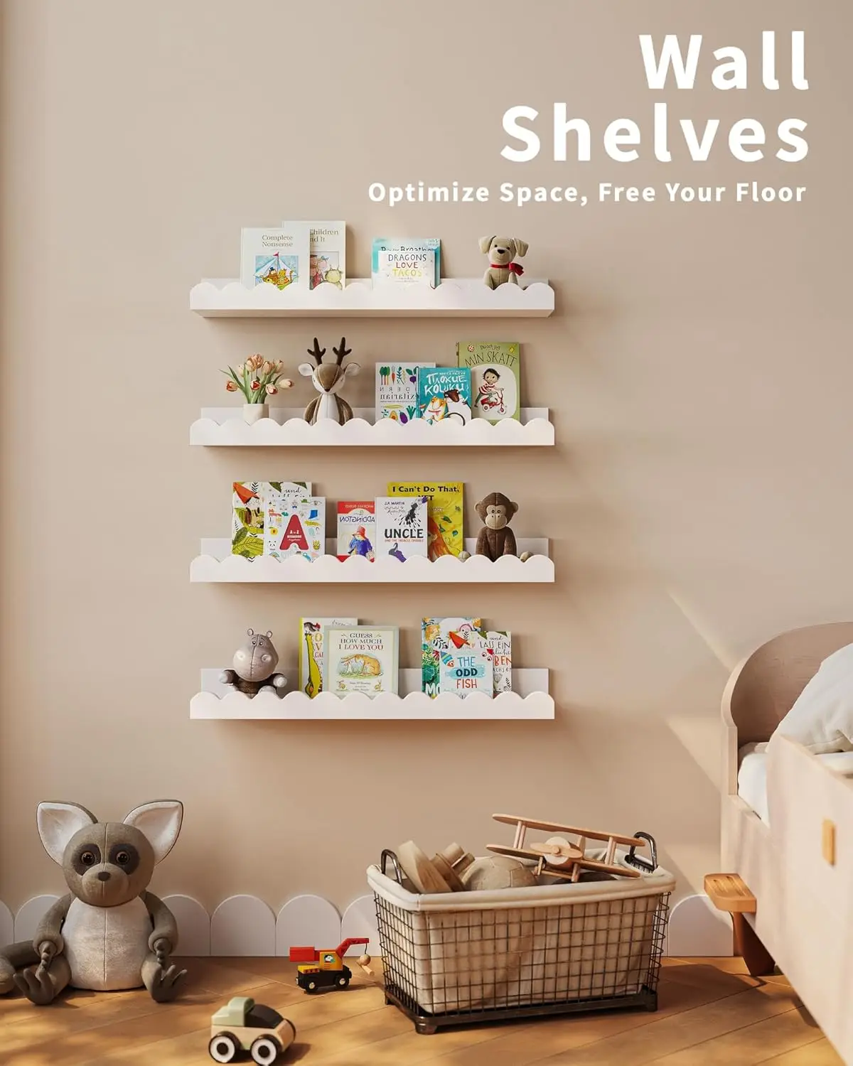 Nursery Book Shelves, 4-Pack White Floating Shelves for Wall Kids, Scalloped Shelves, Wall Book Shelves