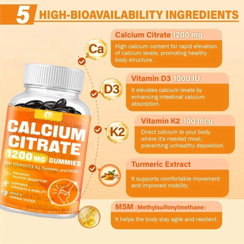 60 cápsulas de citrato de calcio que contiene vitaminas D3, K2, cúrcuma y apoya la inmunidad muscular: sin azúcar, sabor mango natural