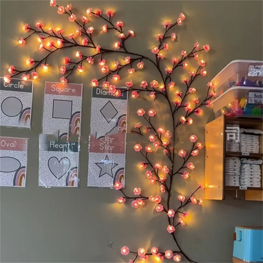 7.5ft 144 LED Pink Cherry Blossom Flower Willow Vine Light With Remote Artificial Cherry Flower Lighted Tree Branch Vines Light