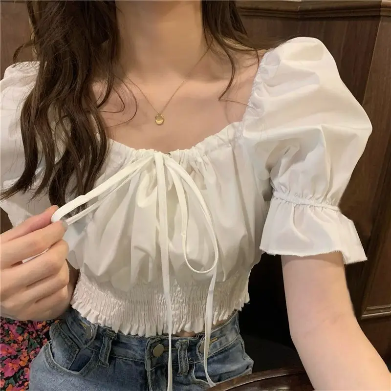 Summer Off Shoulder Lace Up Short Sleeve Blouse Women Crop Top White Bow Square Neck Sweet Ruffle Tunic Shirts Korean Fashion