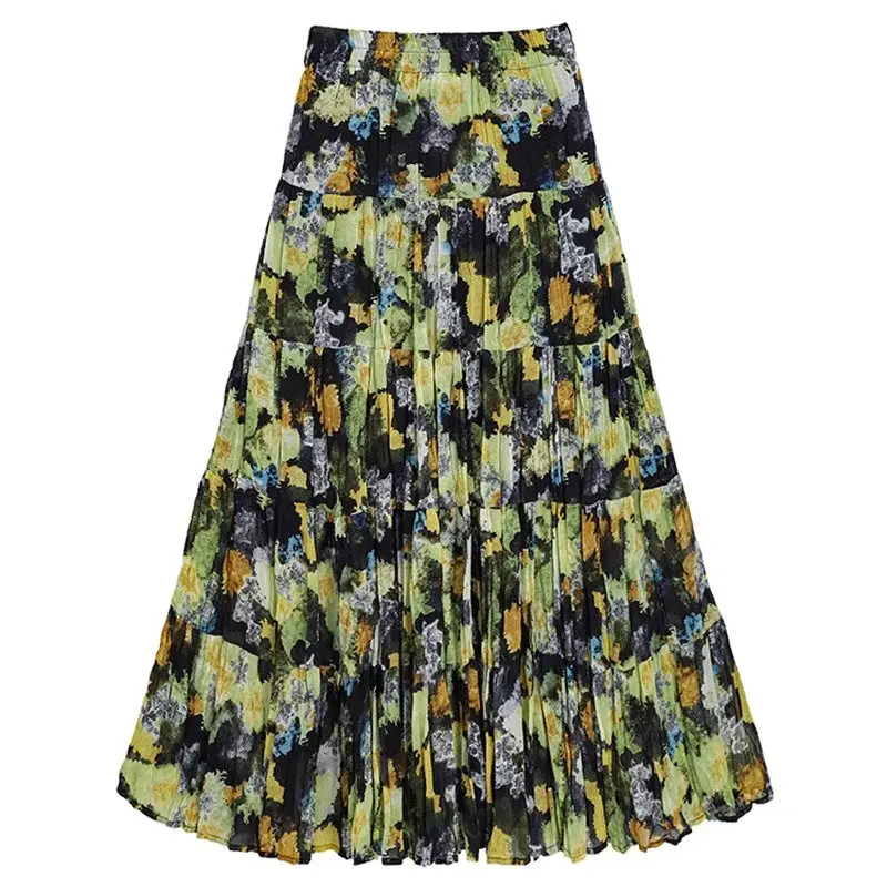 Bohemian Ink Print Skirt For Women 2024 Summer Fashion Elastic High Waist Slimming Floral Skirt Midi Saias Feminino K2152