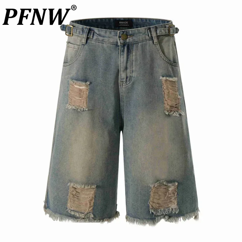 

PFNW High Street Men's Jeans Worn-out Ripped Washing Straight Shorts Casual Gradient Color Wide Leg Male Bottom Summer 28W3479