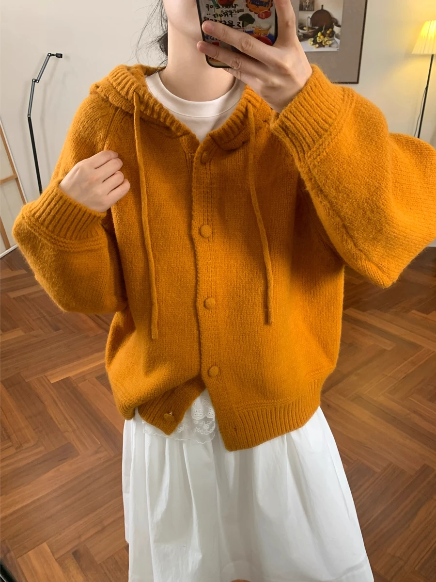 

Корейский свитер с капюшоном цвета Thiened, женский винтажный осенне-зимний новый осенне-зимний осенне-зимний топ, осветляющий ленивый вязаный топ