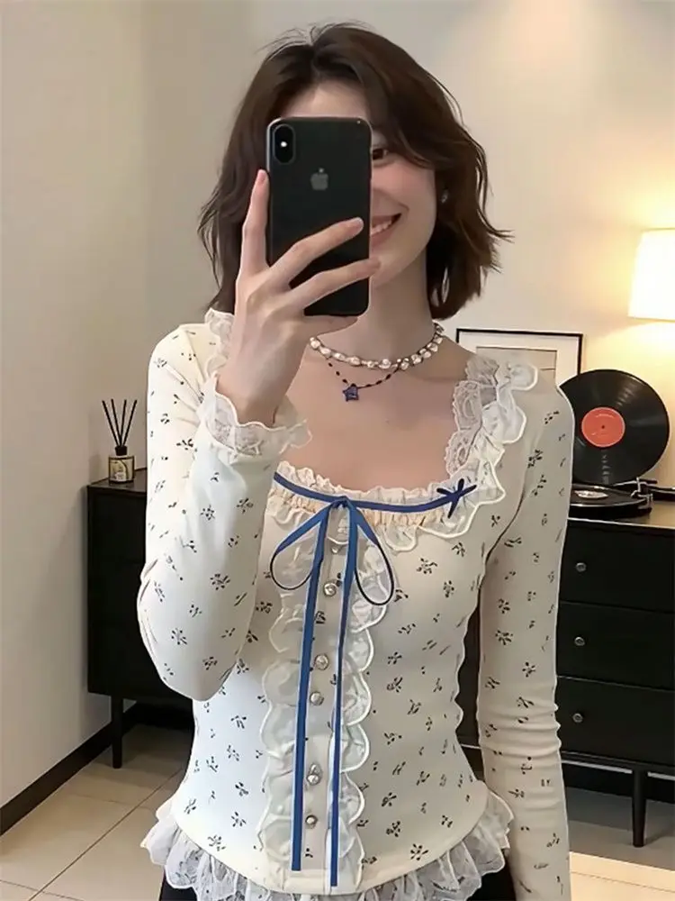 Korean Gentle Floral Long Sve T-irt Women's Spring Design Slim Fit Lace Knot Square Collar Top Daily Wear