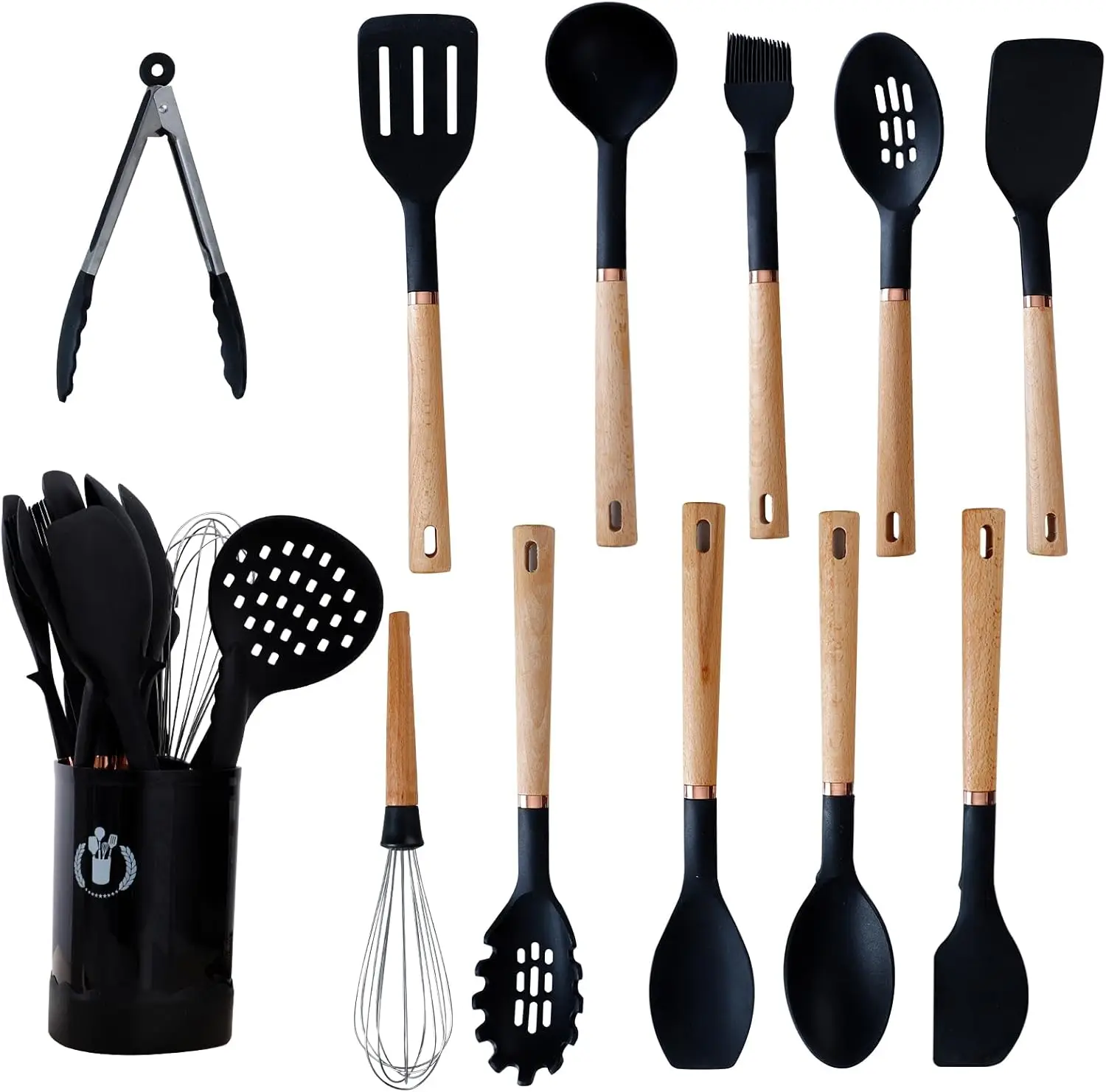 

13-Piece Silicone Cooking Utensils Set with Heat-Resistant Wood Handles, BPA-Free for Nonstick Cookware (Black)
