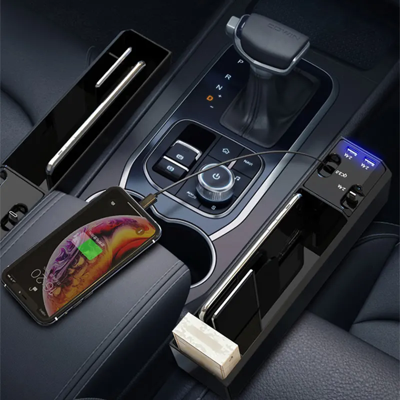 Imagem -06 - Assento de Carro Automático Fenda Plástico Caixa de Armazenamento Telefone Titular Organizador com Carregador de Fio para Ios Android Tipo-c 2usb Porta Acessórios