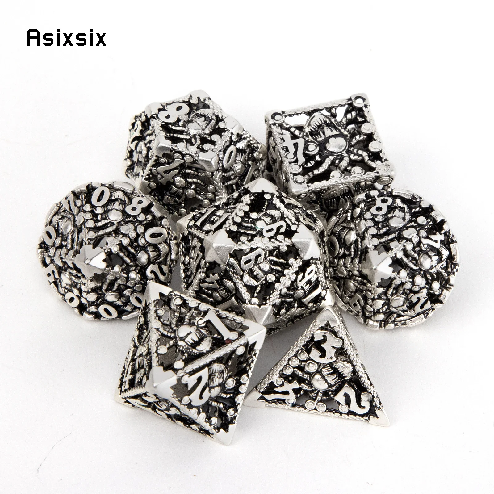 

7 Pcs Silver Black Octopus Metal Dice Hollow Metal Polyhedral Dice Set Suitable for Role-Playing RPG Board Game Gift