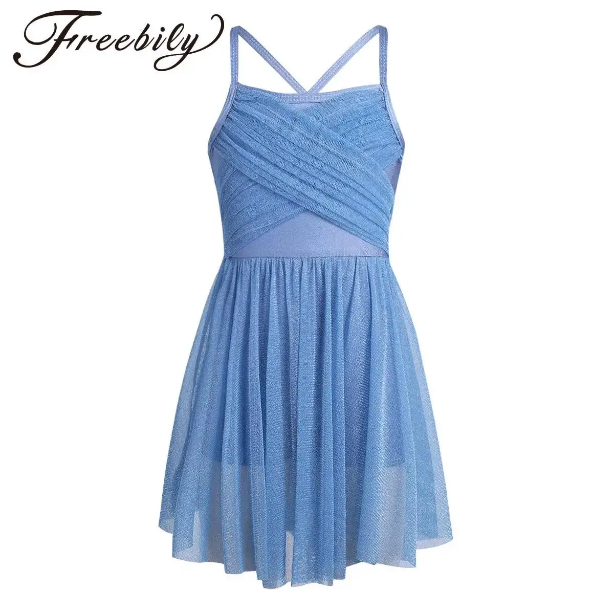 

Детское платье для лирических танцев для девочек, блестящая сетка без рукавов, купальник для балета, гимнастики, катания на коньках, пачка, балерина, танцевальная одежда для выступлений