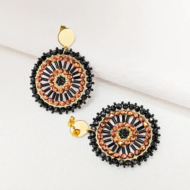 Beaded earrings Sunflower Design Hollow out  Crystal Black. Hand knitting Bohemia Alloy Tide Simple Retro  Rice bead earrings