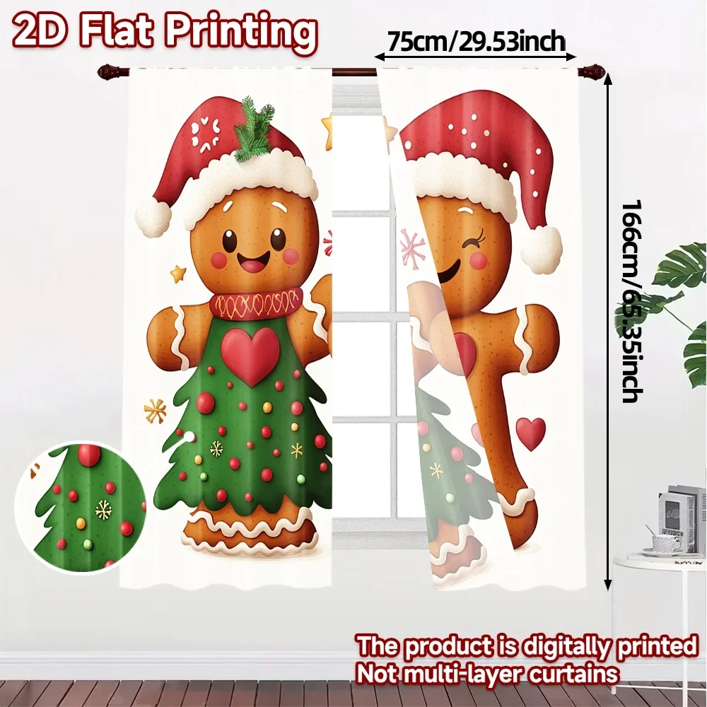 2pcs,Curtains Cute Gingerbread Couple Heart Modern Window Curtain Machine Washable Fabric Curtains Decorations Inside Use for