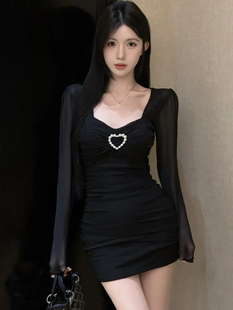 Vrouwen Rode Mesh Chic Kralen Vierkante Kraag Mini Jurk Herfst Elegante Bodycon Hip Wrap Jurk 2025, Koreaanse Mode Fesitval Jurken