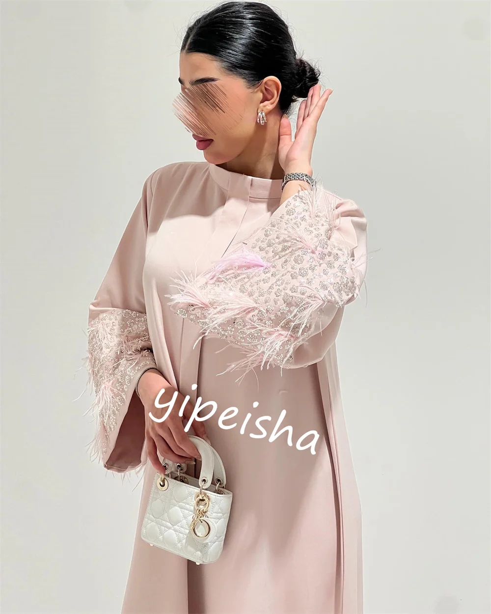 Jiayigong-Jersey con cuentas de plumas para mujer, vestido Midi de compromiso, línea A, cuello alto, a medida, para ocasiones, Arabia Saudita