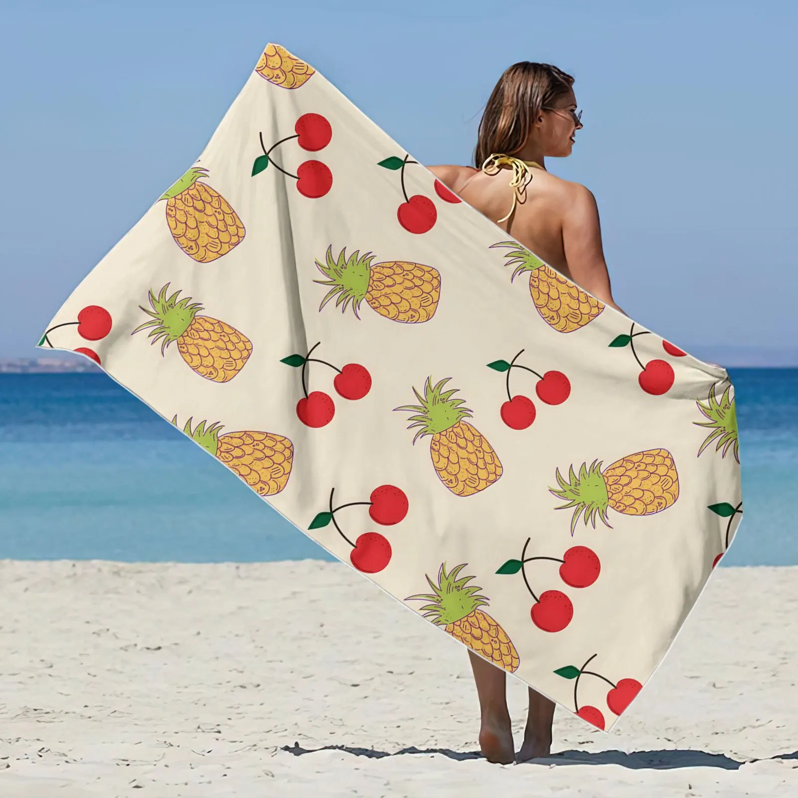 Custom Pineapple Cherry Beach Towel Fruit Print Microfiber Sand Free Quick Dry Soft Travel Swim Pool Accessory Gift