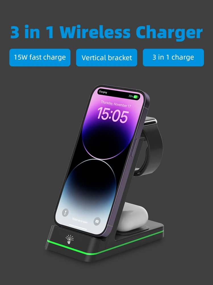 3 in 1 Wireless Charger Samsung 15W Fast Charging Stand Docking Station for Apple Watch Galaxy S22 Ultra iPhone XS Max Xiaomi 10