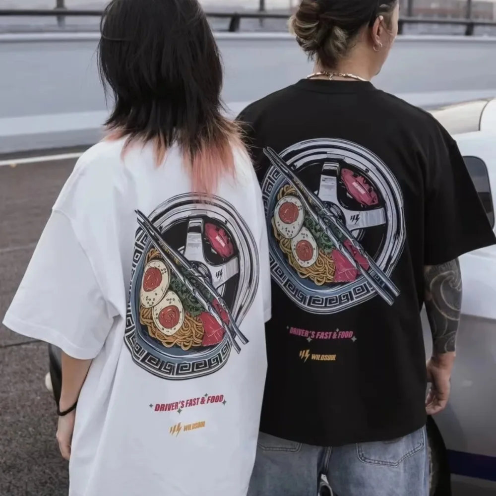 2026 New Japanese Noodle & JDM Wheel Grunge Themed Unisex Graphic Tee, Round Neck Short Sleeve T-shirt,