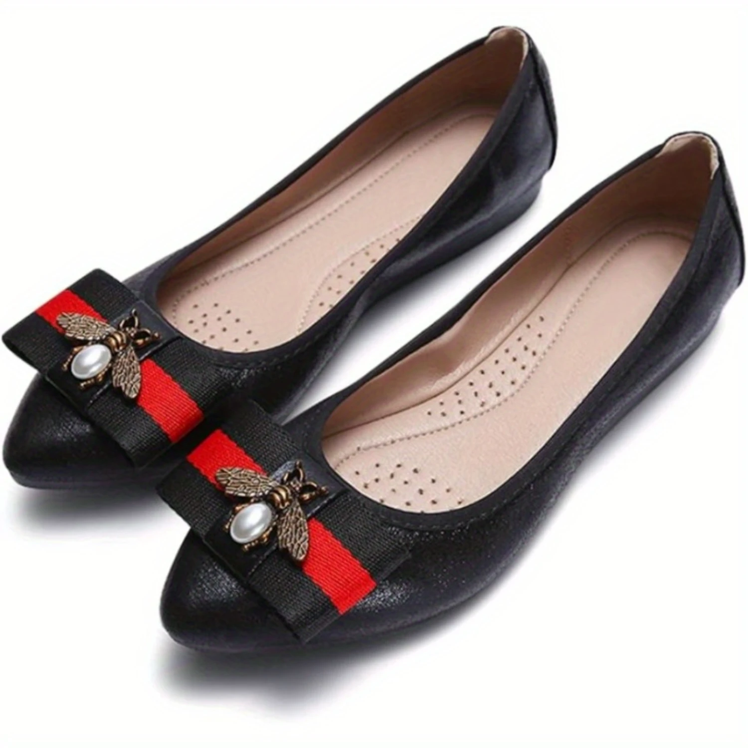 

Stylish Pointed-Toe Ballet Flats - Comfortable, Foldable, Shiny, Dressy Shoes with Bow Embellishment - PU Faux Leather Upper, Ru