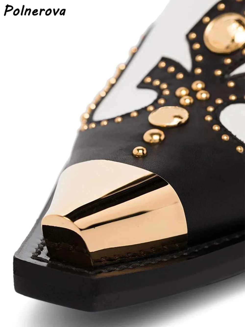 أسود معدن تو حذاء من الجلد برشام الانزلاق على الخياطة كعب مربع الانزلاق على رعاة البقر المدرج أحذية النساء موضة كول بنات حذاء من الجلد