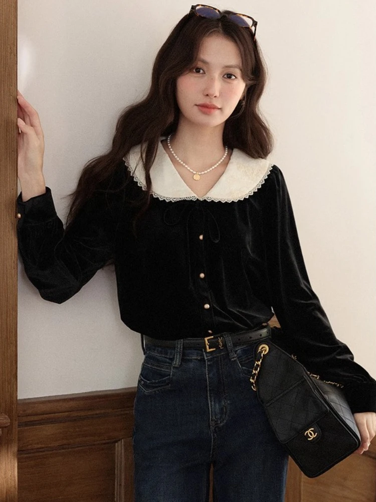 

ALXNAN женские черные рубашки с длинным рукавом, бархатная кружевная отделка, отложной воротник, галстук с цветными блоками, универсальная женская блузка L58215