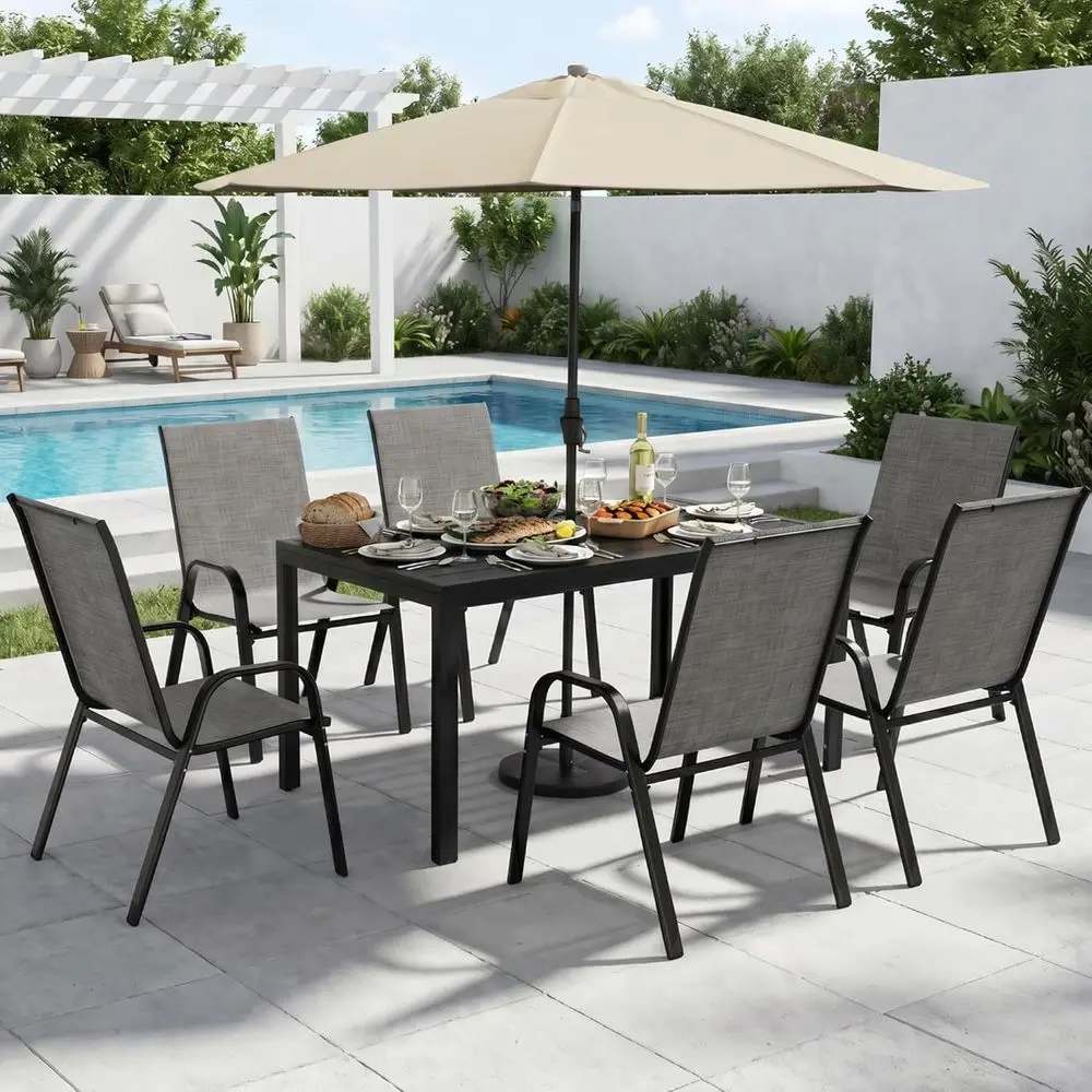 

All-Weather 7-Piece Outdoor Dining Set with Grey Textilene Chairs and Umbrella Hole
