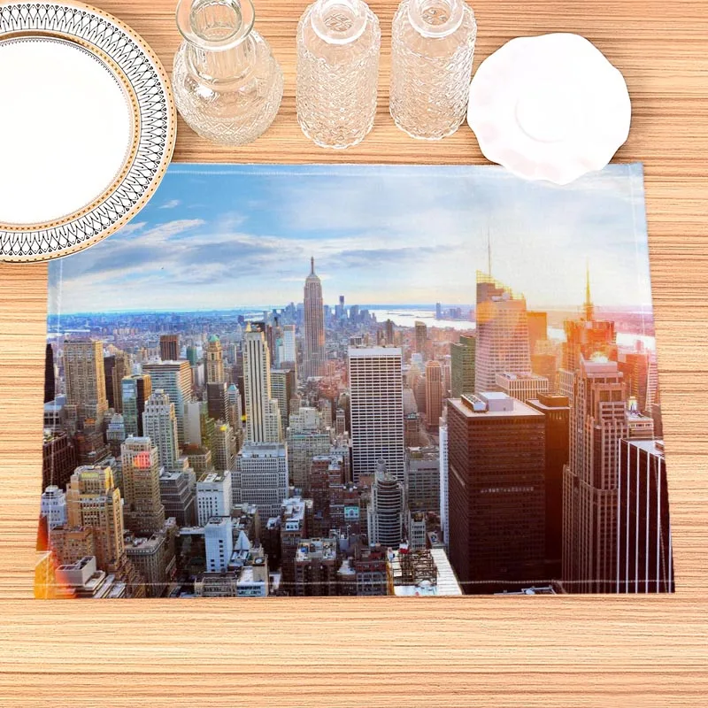 New York City Print Linen Dining Table Mats Alphabet Kitchen Placemat 32X45cm Coasters Pads Bowl Cup Mat