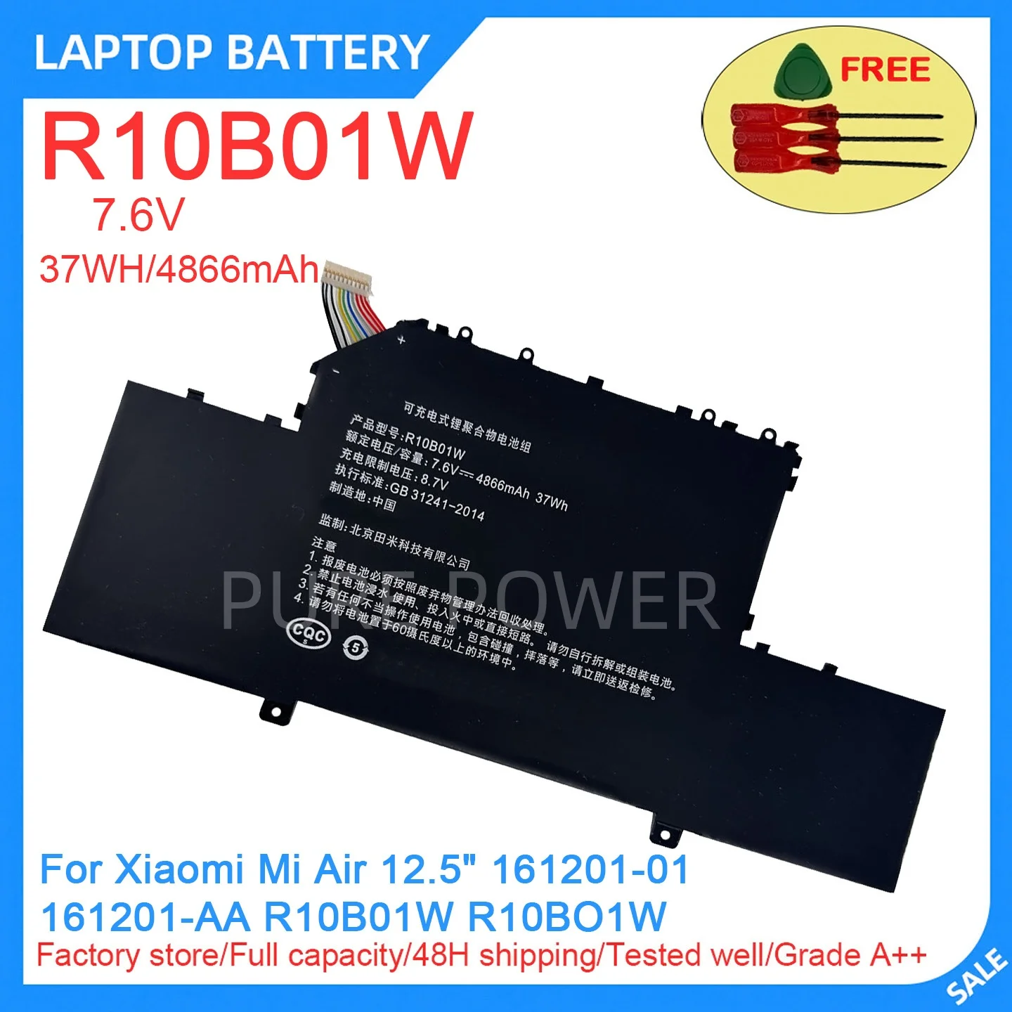 New Laptop Battery R10B01W 7.6V 37WH 4866mAh High Quality For Xiaomi Mi Air 12.5