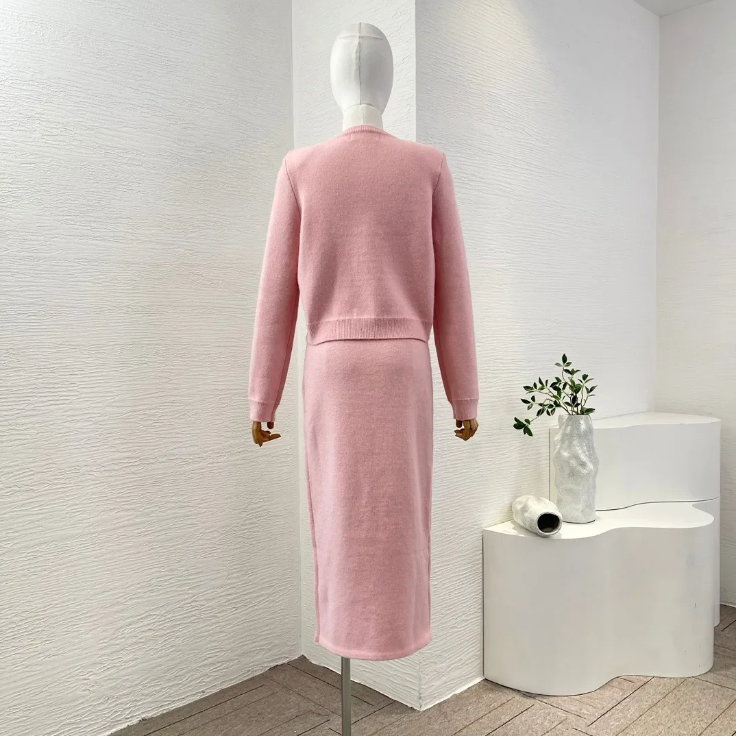 Women's Pink Long Sleeve Knit Cardigan Tops and Skirt Set High Quality 2024 Autumn Winter New