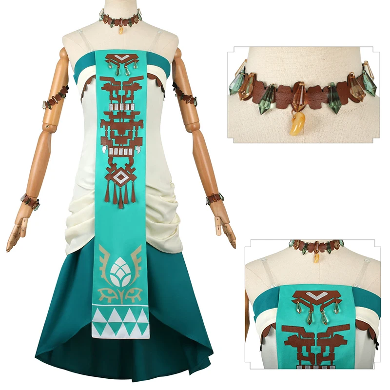 أزياء الأميرة زيلدا التأثيرية فستان أخضر شعر مستعار مجموعة كاملة من أزياء الهالوين النسائية