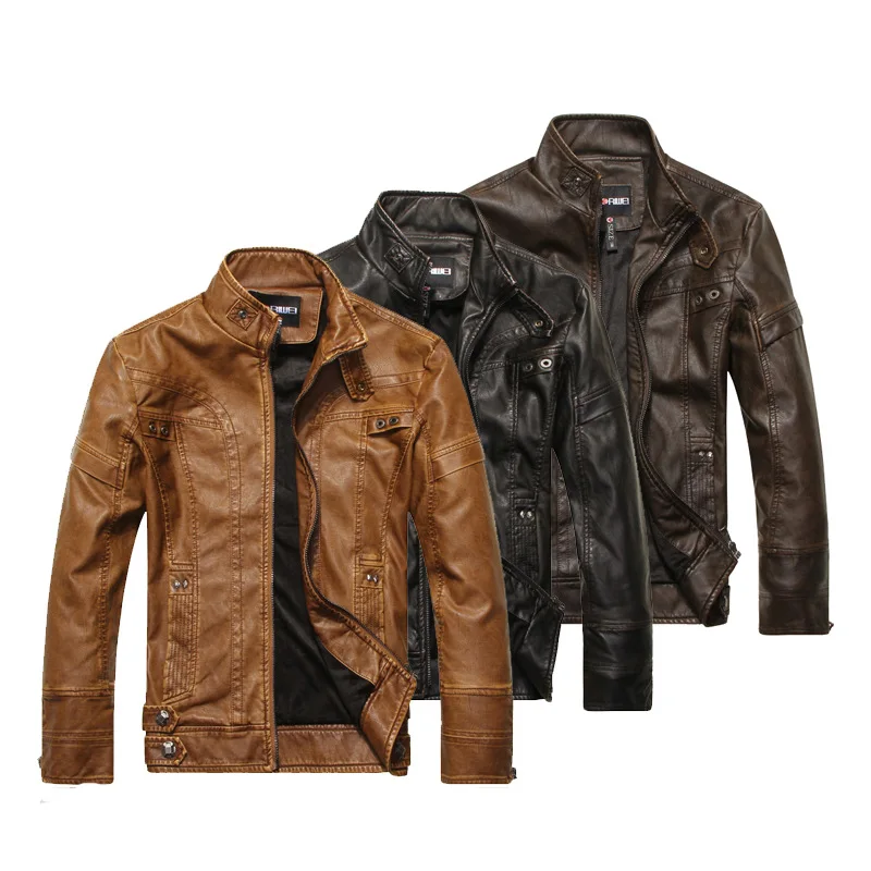 

Men's motorcycle leather jacket with stand up collar youth fur integrated slim fit short style with fleece men's leather jackets