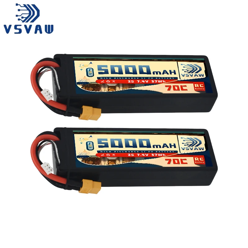 2Pcs VSVAW 2S 7.4V Lipo Battery 5000mAh 70C Hardcase with T Plug for RC Car 1/10 Boats FPV Drones RC Models Parts-Premium Series