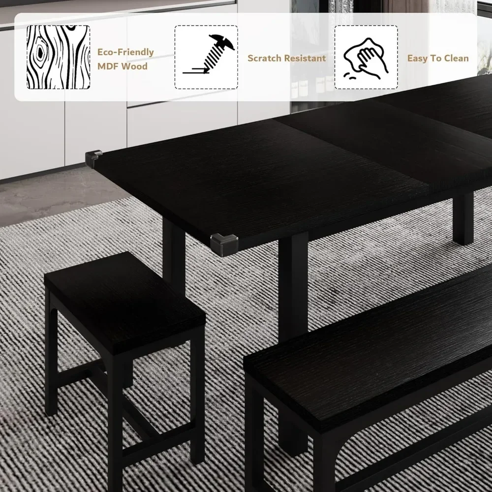 Dining Table Set.5-Piece Dining Table Set for 4-8 People, Extendable Kitchen Table Set with 2 Benches and 2 Square Stools