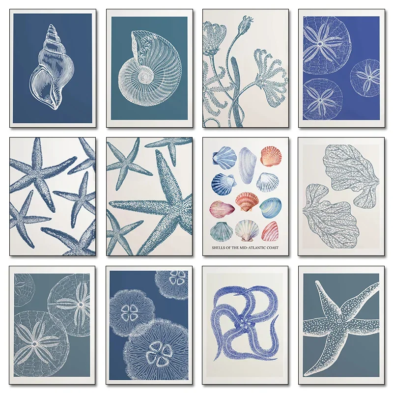 Blue Coastal Sea Antique Seashell Sketch Starfish Jellyfish Conch Poster Canvas Painting Print Wall Art for Kids Room Home De