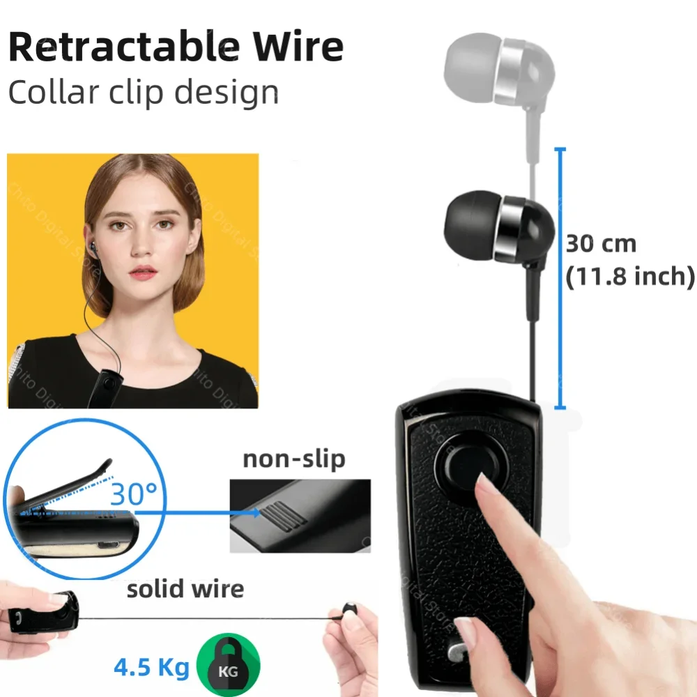 Trouvaille Collar Clip Wireless Headphones  In Lotus Bluetooth Earphones Headset Vibrate Handsfree Earbuds With Retractable Wire