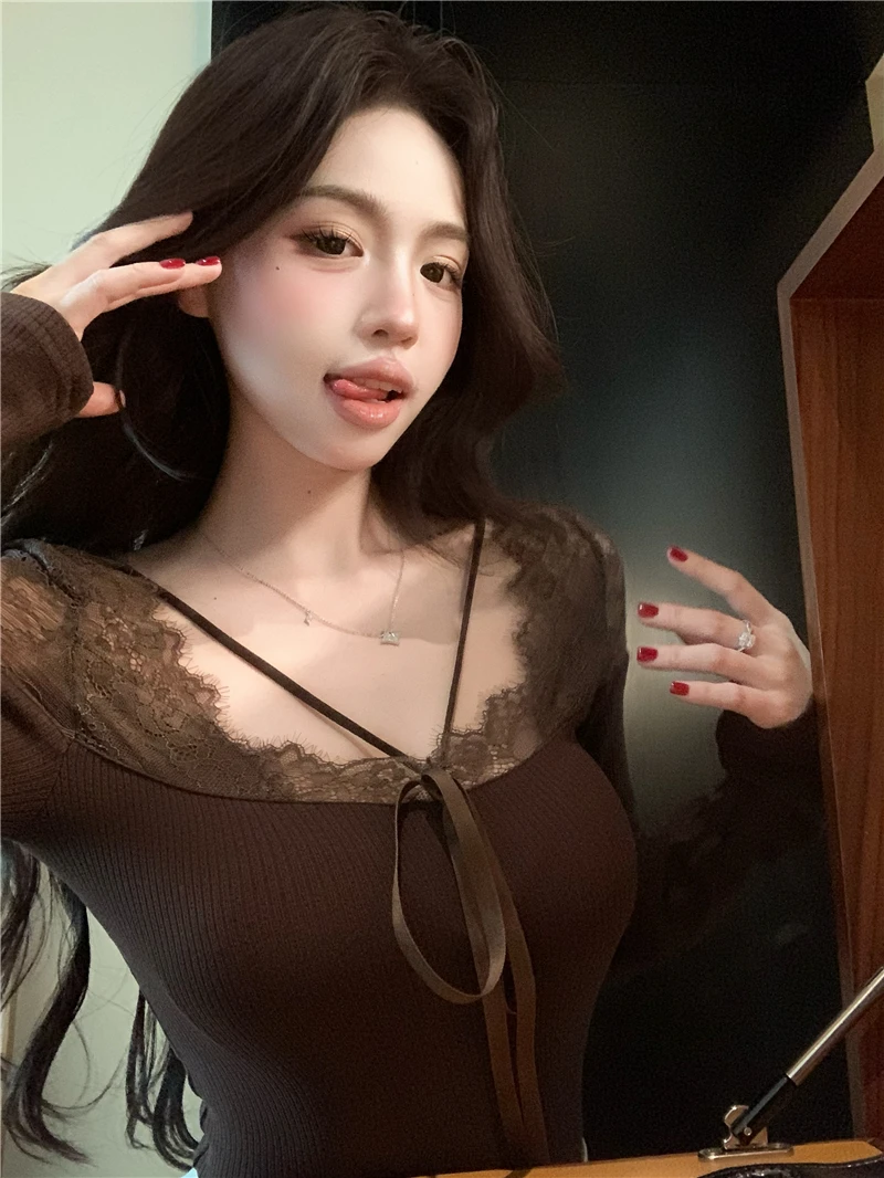 2025 Spring Sexy Patchwork Lace Top Long Sleeve Bow Tie Casual Short Shirt Korean Fashion Women T Shirt