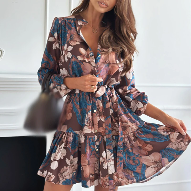 Autumn Fashion Casual High Waisted Lace Up Dresses Vintage Pattern Printed Mini Dresses Elegant V Neck Long Sleeve Short Dresses