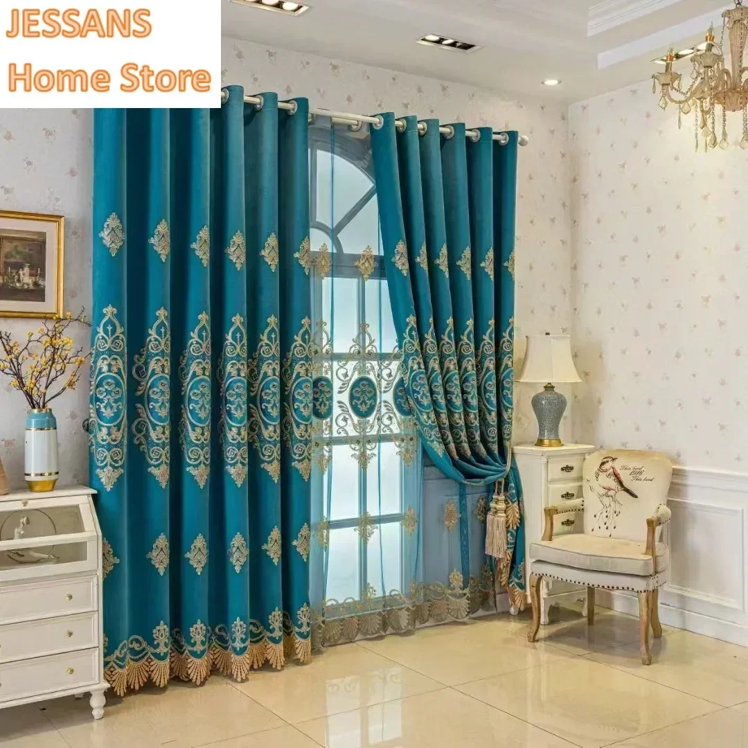 

European Luxury Palace Brown Chenille Luxury Curtains for Living Room Bedroom Dining Custom Size Blackout Valance Tulle Decor