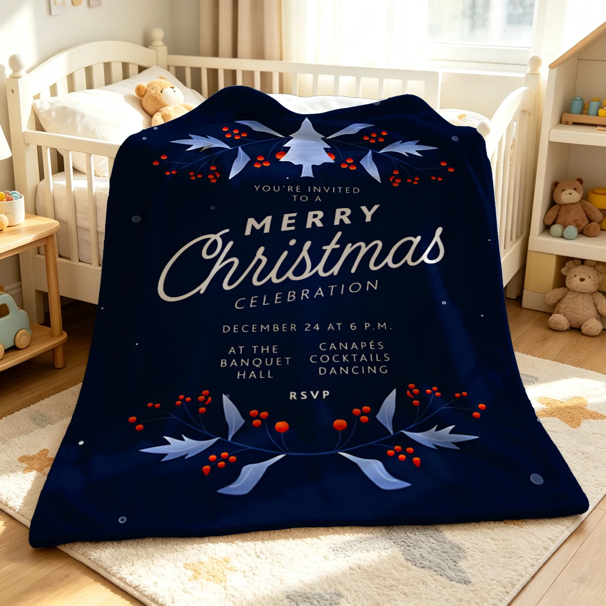 Blue Christmas Tree Invite Soft Fluffy Flannel Blanket Super Cozy Lightweight Bed Blanket for Halloween Sofa Bed Christmas Decor