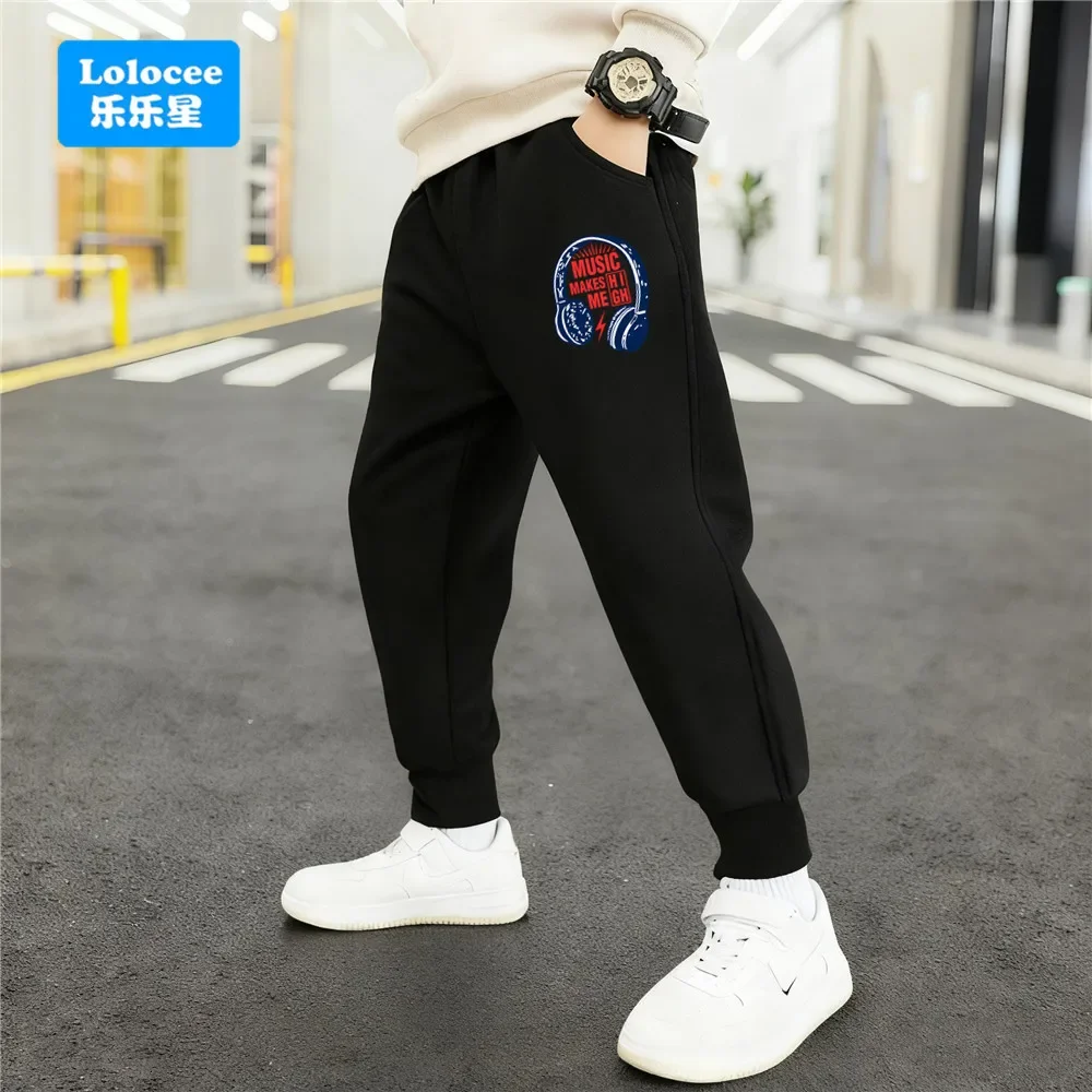New Autumn/Winter Boys' Stylish Music-Print Sweatpants – Black & Grey Color-Block – Athletic Pants (Ages 3–14) EJCK1