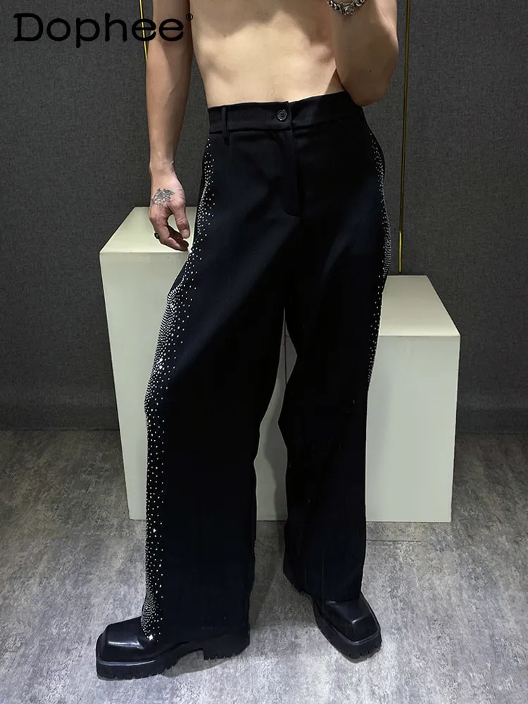 

Модные трендовые черные мужские повседневные брюки со звездами и тяжелыми стразами, элитные свободные широкие брюки