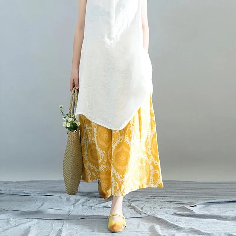 Yellow Artistic Loose Linen Wide-leg Pants for Women With Elastic Waist Casual Nine-point Pants All-match Skirt Pants