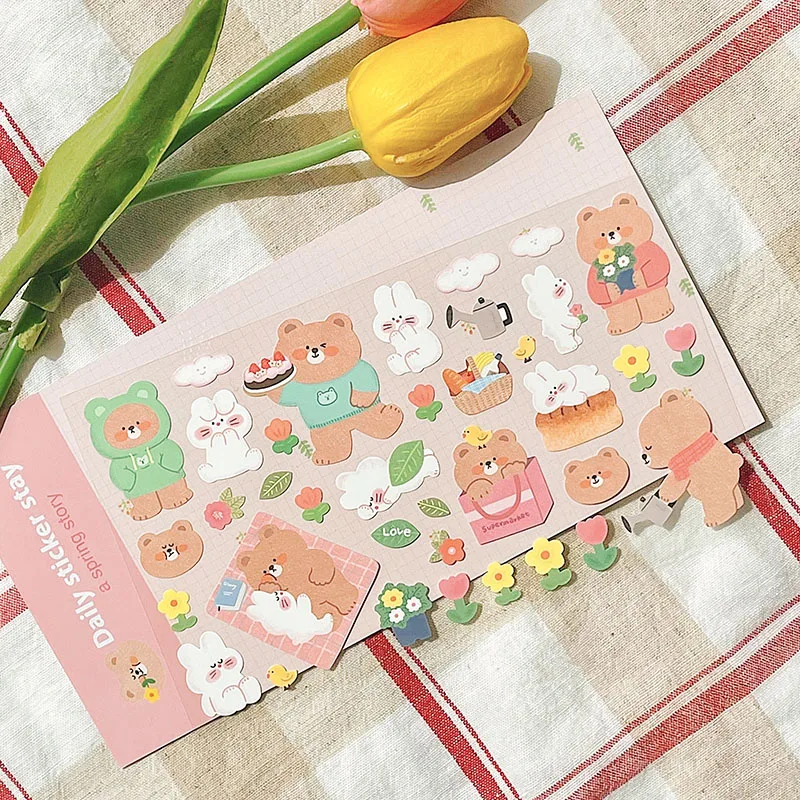 Cute Korea Bunny Bear Sticker Junk Journal Sketch Decorative Flower Stickers Scrapbooking Material Craft Supplies Stationery