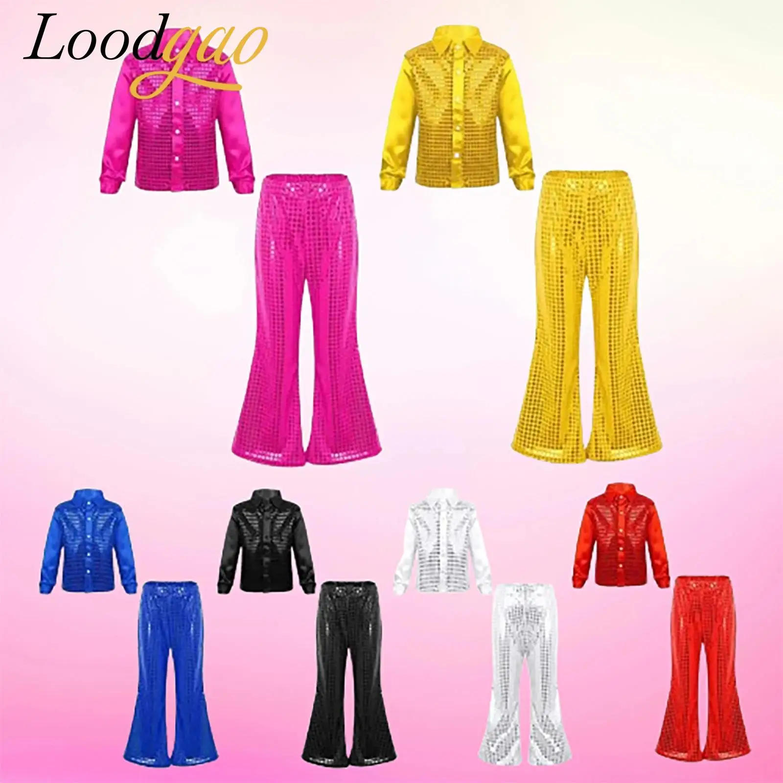 

Fashion Boys Hip Hop Jazz Dance Costumes Children Kids Streetdance Outfit Glittery Sequined Outfits L Shirt + Flared Pants