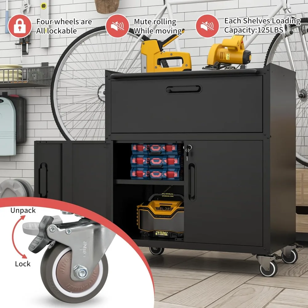 Сверхмощный металлический шкаф для инструментов на колесиках, черный, идеально подходит для решений для хранения в гараже