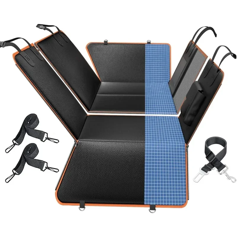 

6-in-1 Leather Dog BackSeat Extender, Hard Bottom 40/60 Split Waterproof Car Back/Front Seat Cover, Rear Hammock Carseat