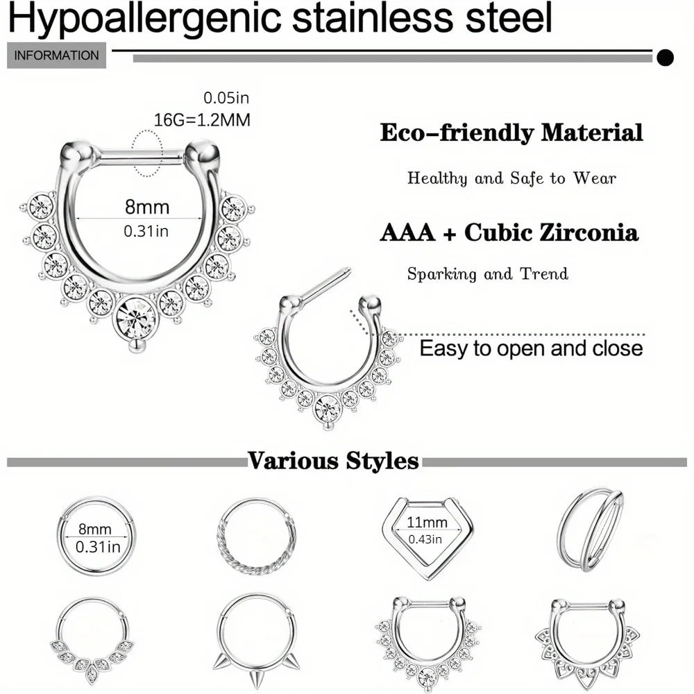 CASSIECA 수술용 스틸 셉텀 링, 클리커 코 링 고리, 작은 연골 나선, 데이스 피어싱 쥬얼리, 여성용 16G, 1 개
