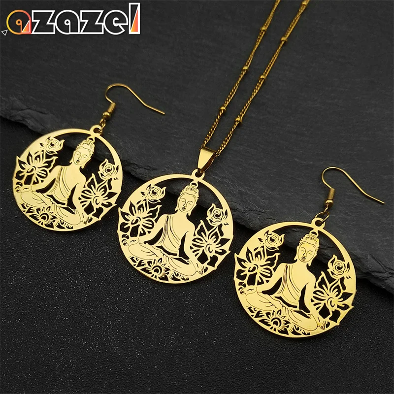 

Bodhisattva Buddha Meditation Chakra Necklace Earrings Set Men Women Stainless Steel Gold Color Lotus Flower Mandala Jewelry