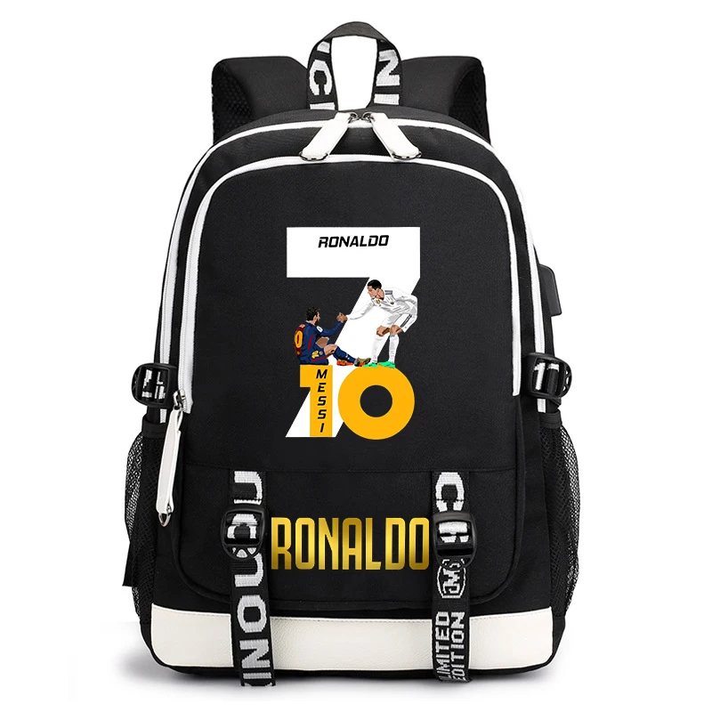 Ronaldo printed student schoolbag campus children\'s backpack usb outdoor travel bag black casual bag