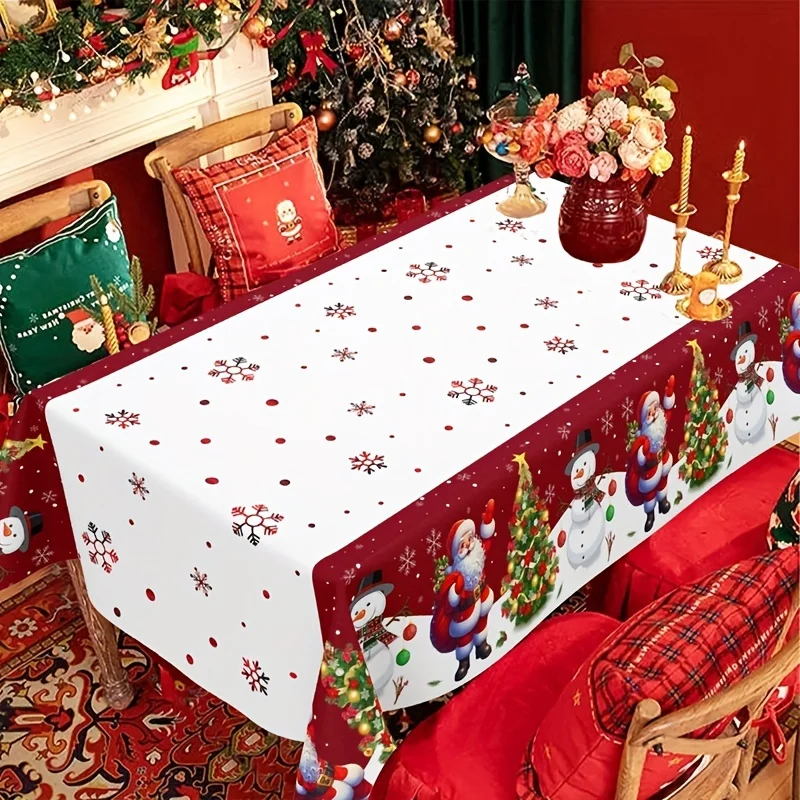 1pc Christmas Vintage Santa Snowman Tablecloth Festive Winter Holiday Dining Table Cover for Party Home Kitchen Decor