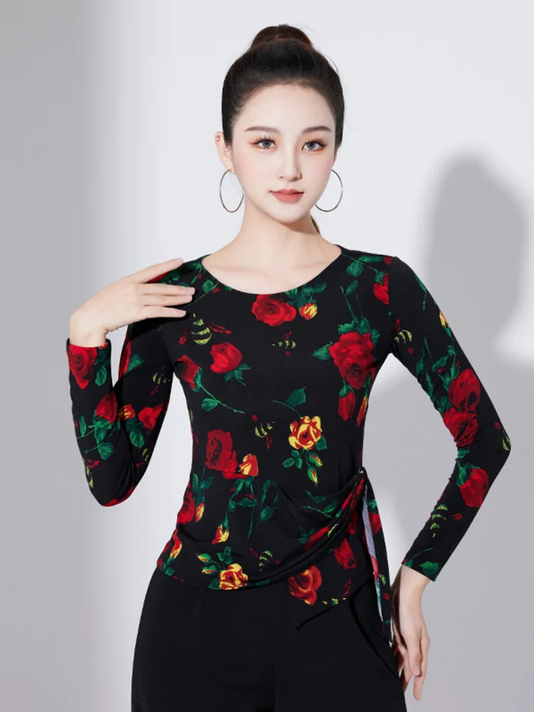 Slim Fit Latin Dance Evening Women Tops Jazz Round Neck 2024 Summer Woman Flowers Competition Line Costume Modern Female T-shirt