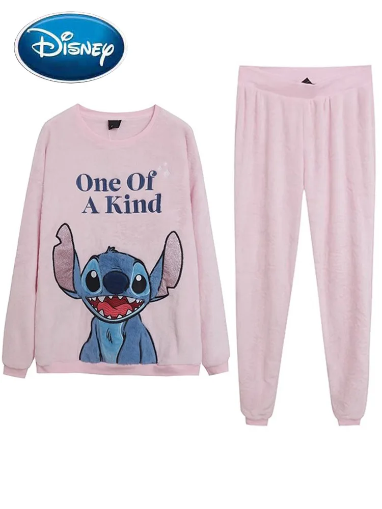 

Disney Sweatshirt Stitch Little Monster Cartoon Print Embroidery Women O-Neck Fleece Jumper Top + Trousers Pants 1 Sets Femme